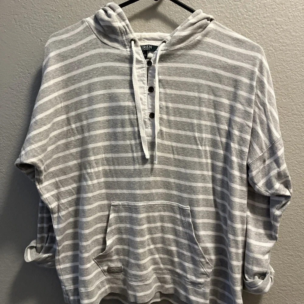 Lauren Ralph Lauren Womens Large Henley Style Shirt‎ W/hood Gray White Striped